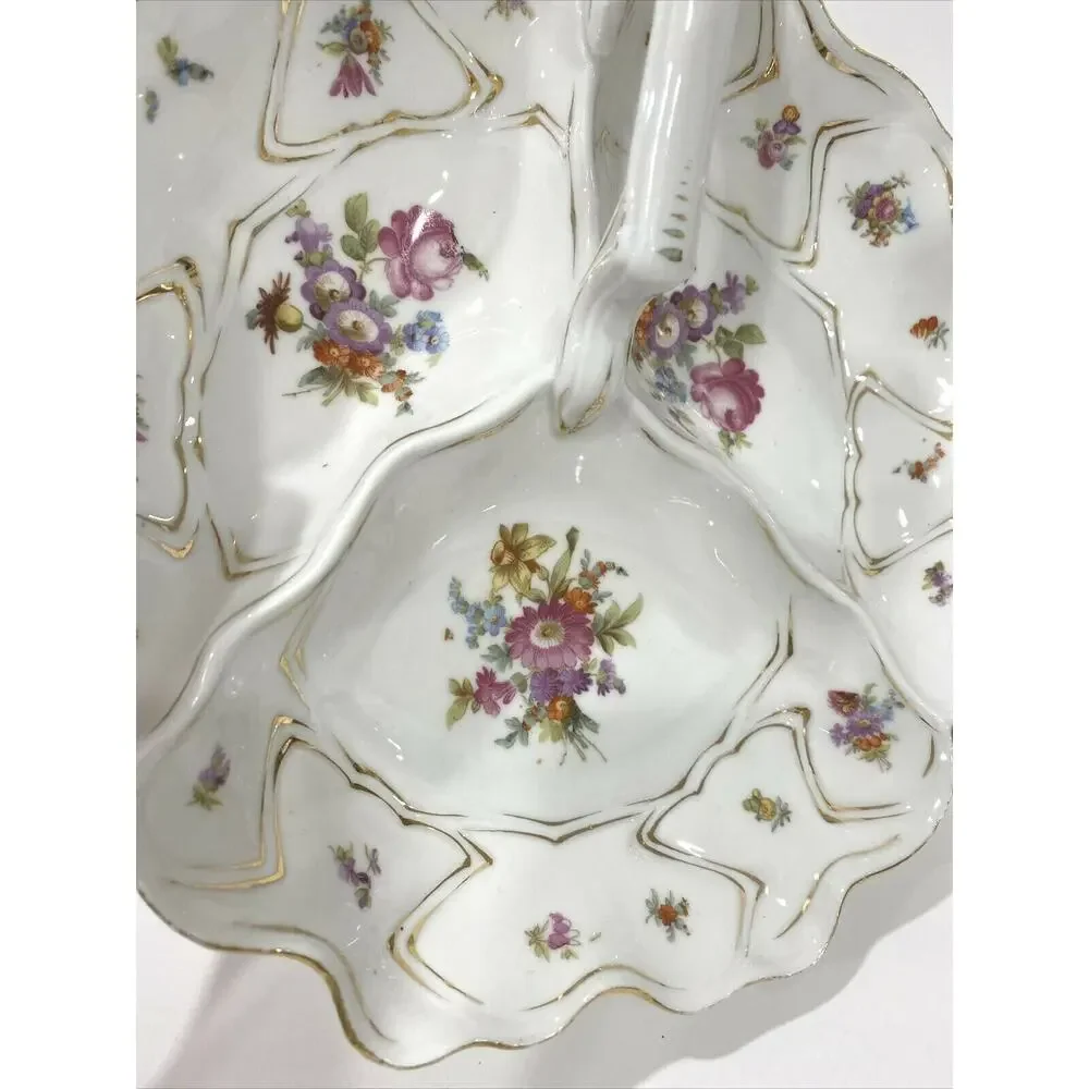 Vintage porcelain center handle server bowl 3-part vegie display white & floral